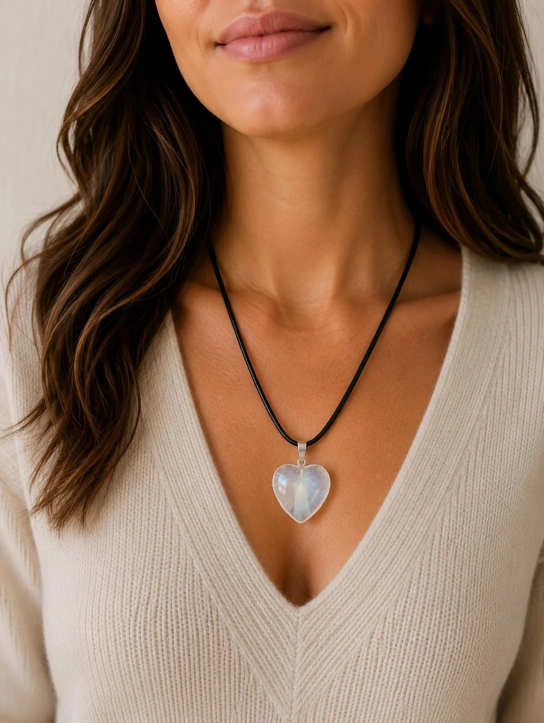 Collar Colgante Corazón de Cristal - Blanco Opalescente y Cordón Negro – photo 5